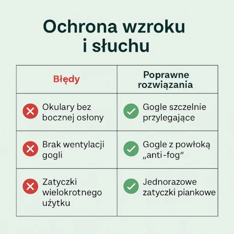 Infografika pokazująca błędy i poprawne rozwiązania w ochronie wzroku i słuchu podczas majsterkowania