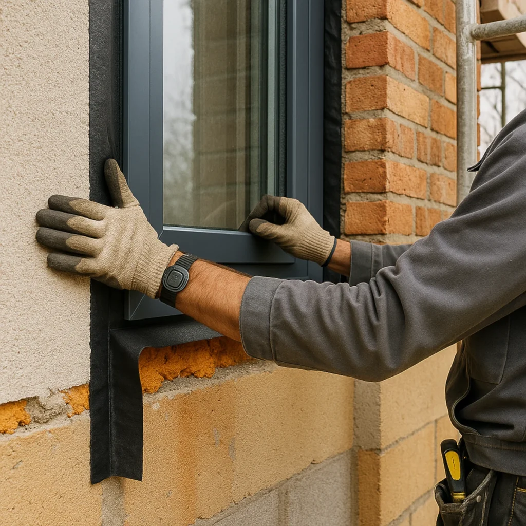Montaż ciepły okna – aplikacja taśmy paroprzepuszczalnej na zewnątrz, rama aluminiowo-PVC, ocieplenie i mur.