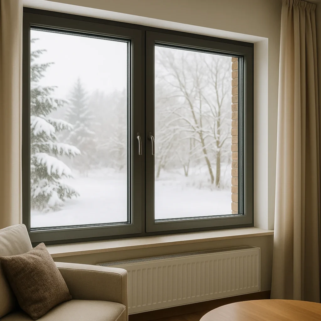 Salon z dużym, trzyszybowym oknem energooszczędnym z ciepłą ramką; zima za oknem, brak kondensacji, jasne wnętrze.