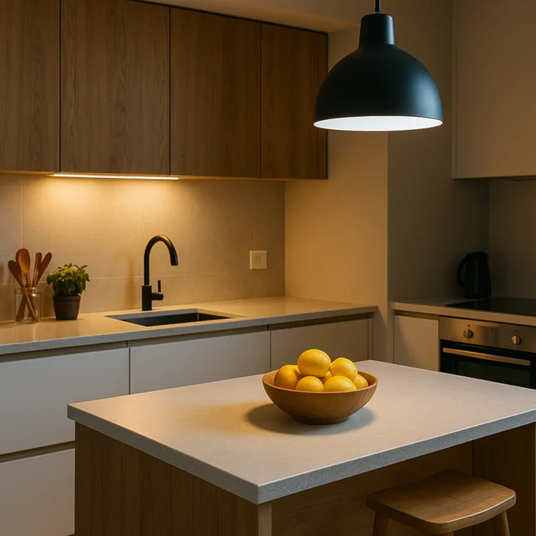 Oświetlenie do kuchni nad blatem – ciepłe LED pod szafkami i lampa wisząca nad wyspą