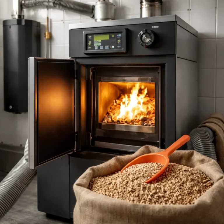 Nowoczesny piec na pellet z otwartą komorą spalania i workiem pelletu w kotłowni