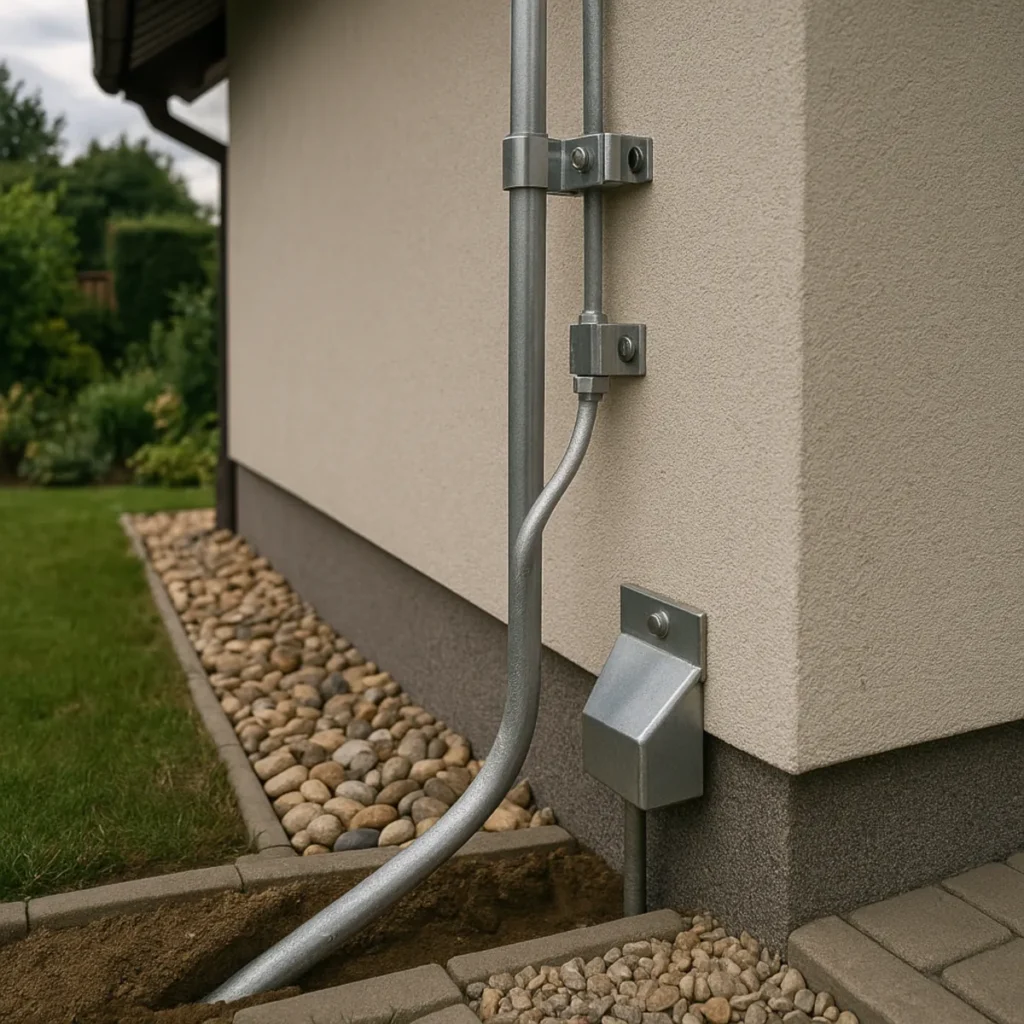 Przewód odprowadzający z zaciskiem probierczym na elewacji domu i uziom w gruncie