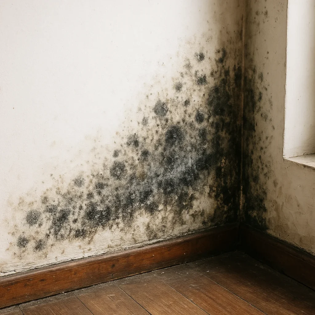 Czarna pleśń na ścianie w narożniku pokoju nad listwą przypodłogową