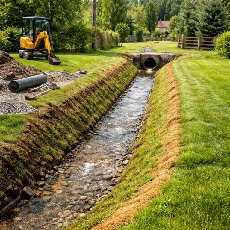Rów melioracyjny na działce prywatnej z przepustem pod wjazdem i umocnionym dnem z kamieni