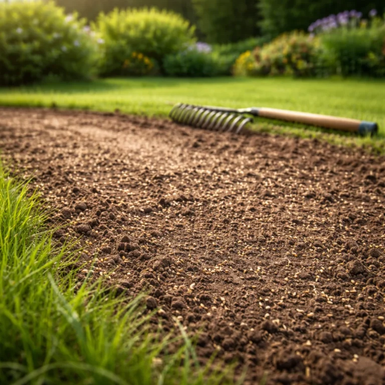 Przygotowana ziemia pod trawnik po Randapie – wyrównane pole z rozsianymi nasionami i grabiami w tle