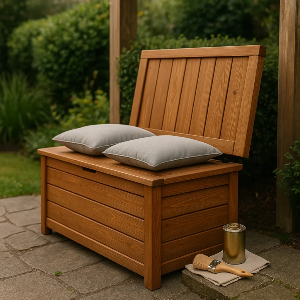 Drewniana skrzynia ogrodowa na kamiennym patio, pokrywa uniesiona, poduszki i akcesoria do konserwacji drewna obok.
