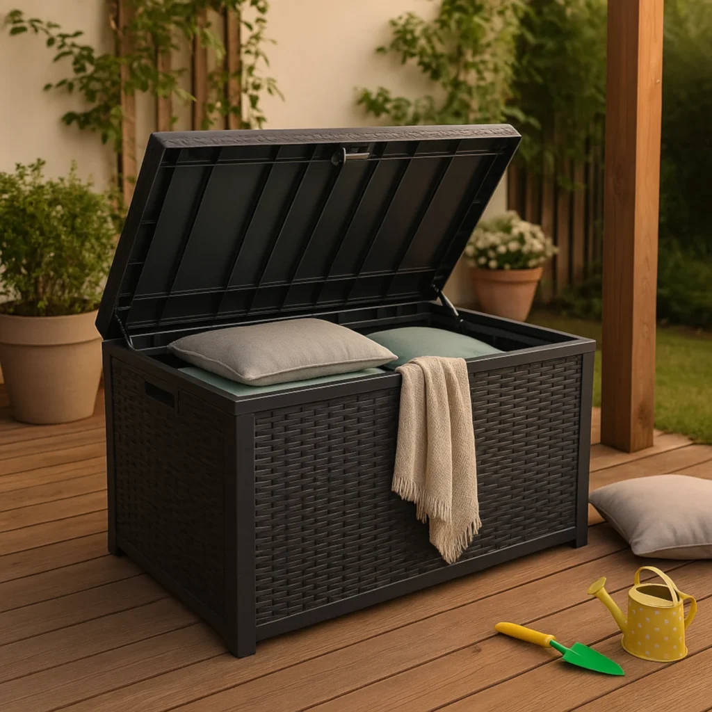 Skrzynia ogrodowa z technorattanu na drewnianym tarasie, otwarta pokrywa, w środku poduszki; praktyczne przechowywanie na zewnątrz.