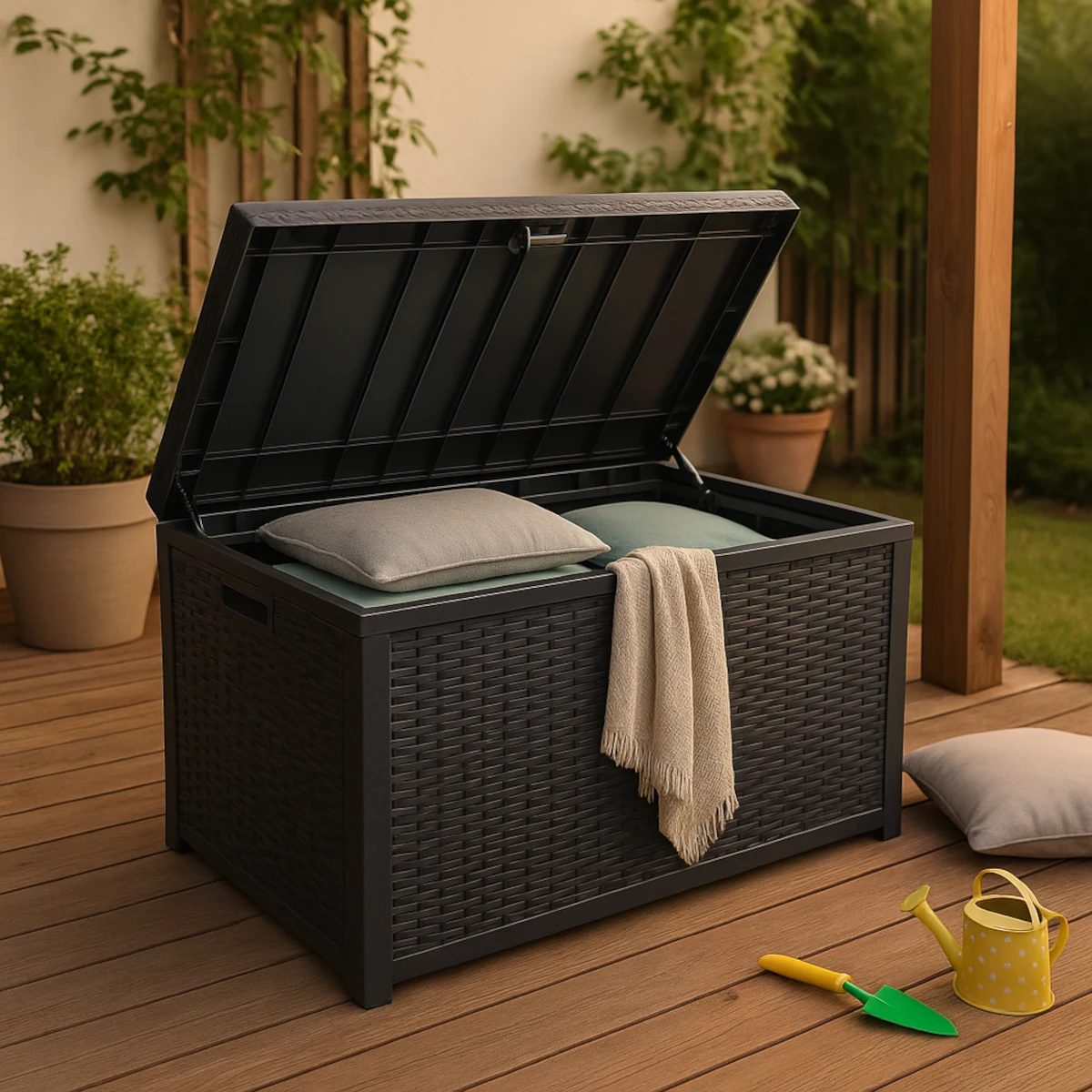 Skrzynia ogrodowa z technorattanu na drewnianym tarasie, otwarta pokrywa, w środku poduszki; praktyczne przechowywanie na zewnątrz.