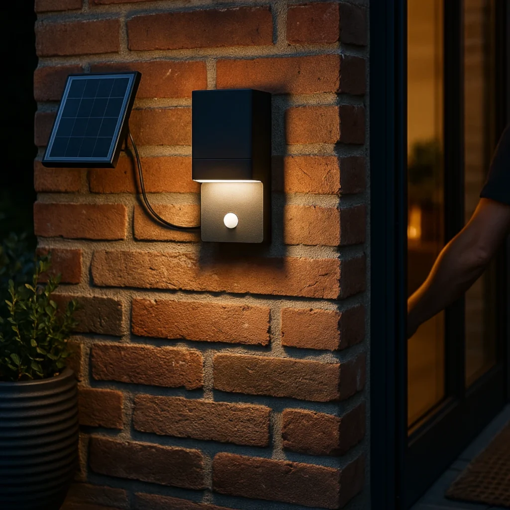 Solarne lampy ogrodowe – kinkiet solarny z czujnikiem ruchu na ceglanej elewacji