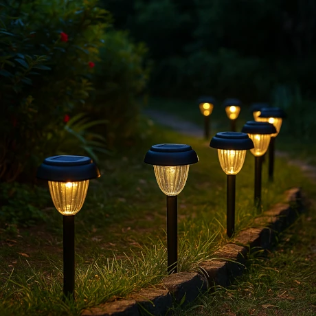 Solarne lampy ogrodowe oświetlające ścieżkę w ogrodzie po zmroku
