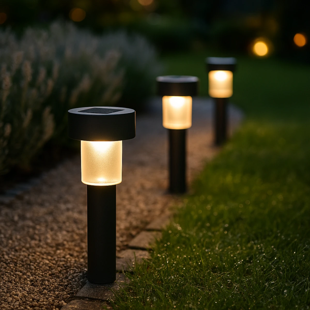 Solarne lampy ogrodowe – słupki LED przy ścieżce w ogrodzie, ciepłe 2700K