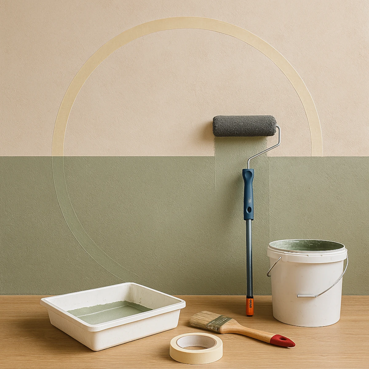 Malowanie pół-ściany i łuku taśmą malarską – beż i szałwia, trendy 2024