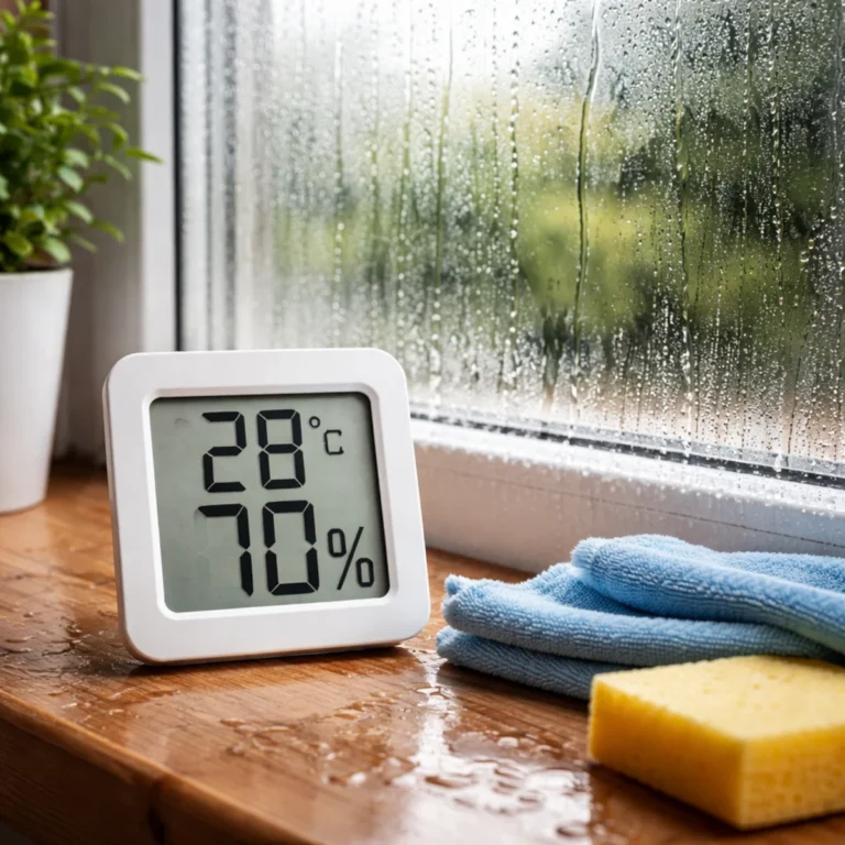 Higrometr pokazuje 70% wilgotności przy parującym oknie na mokrym parapecie