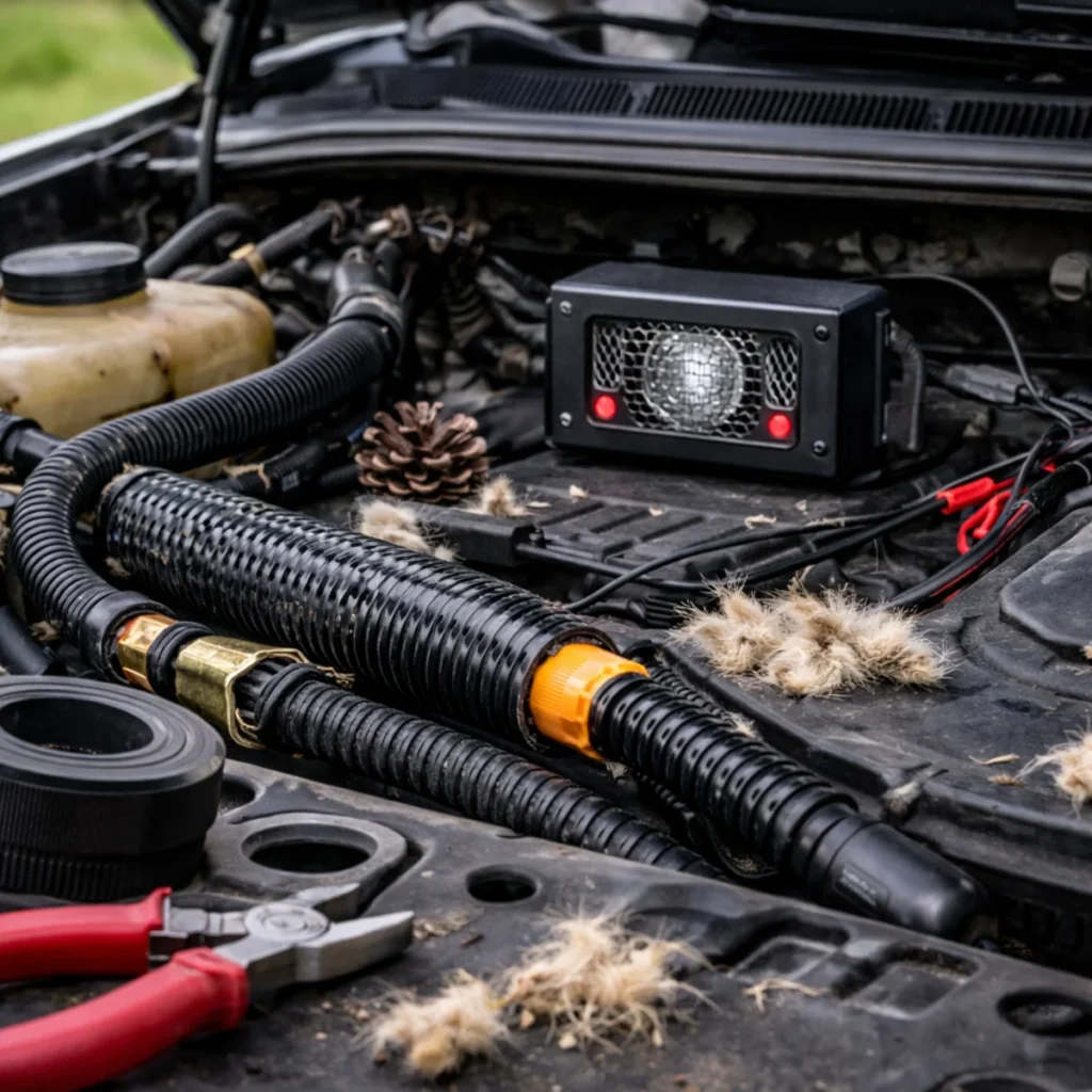 Zabezpieczenie przewodów pod maską i odstraszacz kuny w komorze silnika samochodu