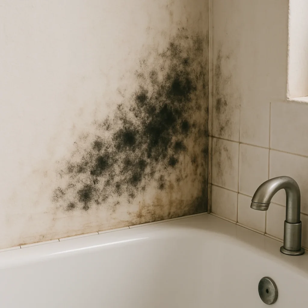 Zagrzybiona ściana w łazience przy wannie z widoczną czarną pleśnią