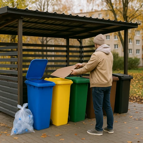Jak segregować śmieci na osiedlu – altana z kolorowymi pojemnikami i mieszkaniec z kartonem