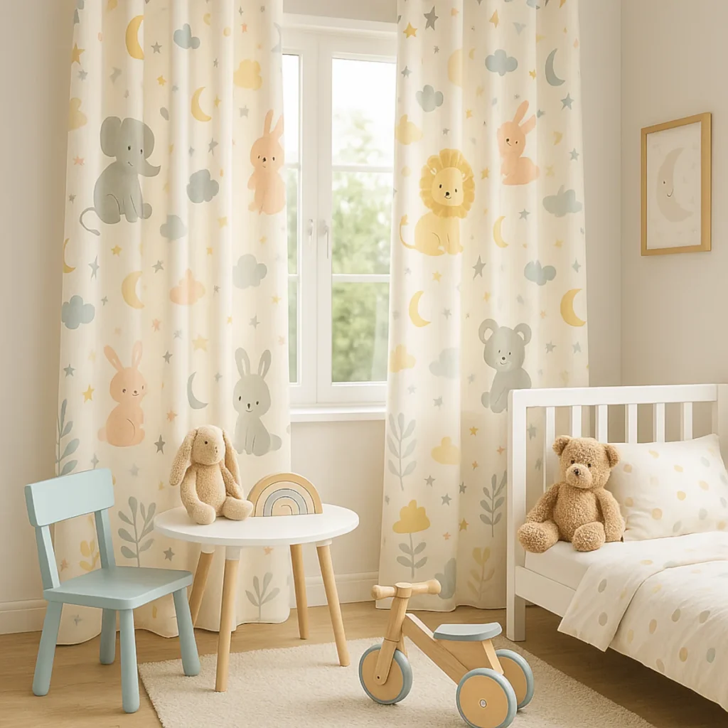 Pastelowe zasłony do pokoju dziecięcego w zwierzątka przy białym oknie, łóżeczko, stolik i drewniany rowerek biegowy