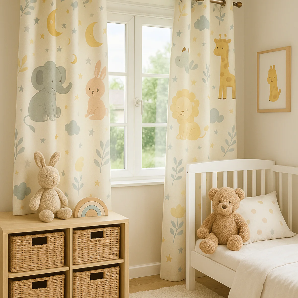 Zasłony do pokoju dziecięcego w zwierzątka przy oknie, białe łóżeczko i komoda z wiklinowymi koszami