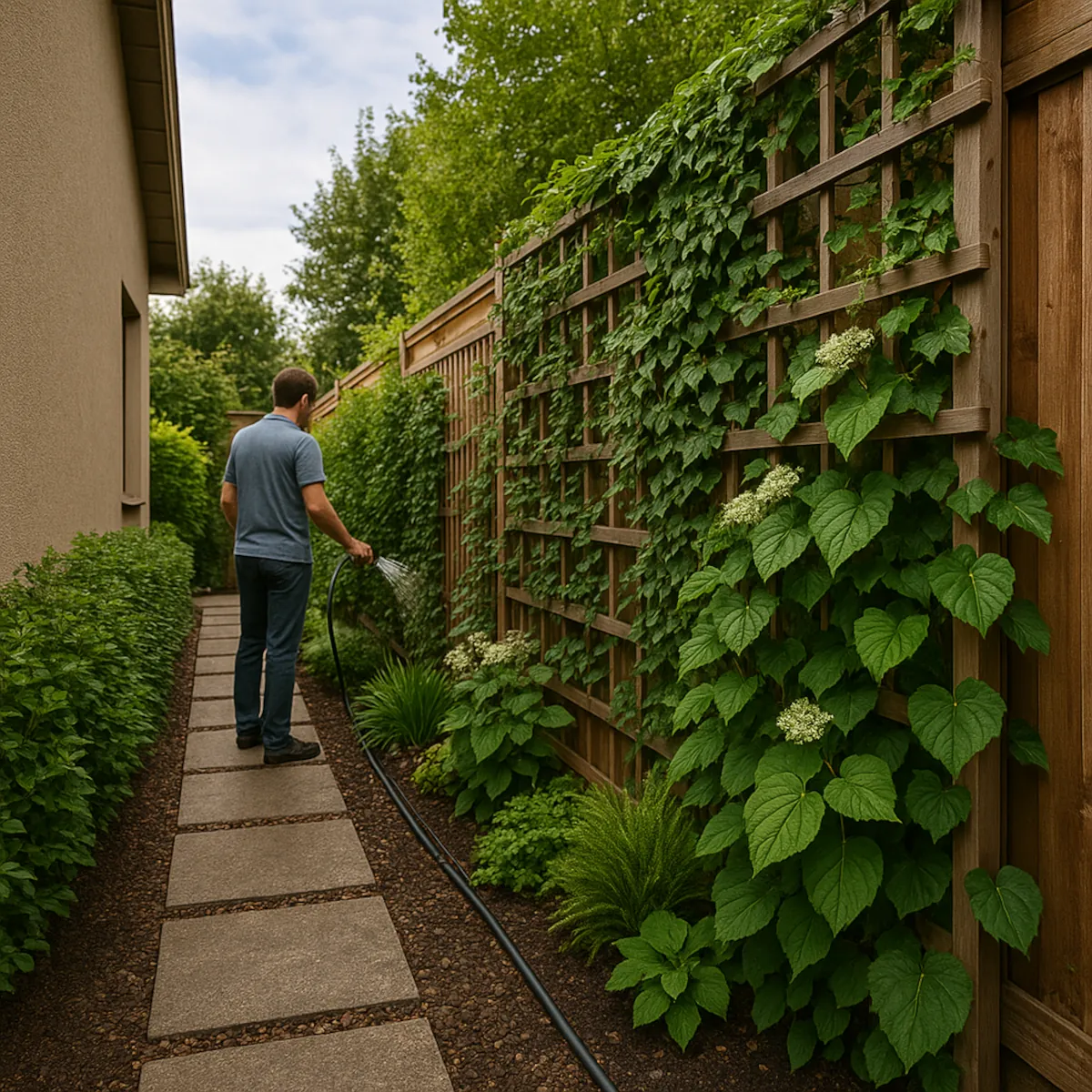 zielone ściany w ogrodzie – trejaż z bluszczem i hortensją pnącą w wąskim ogrodzie miejskim