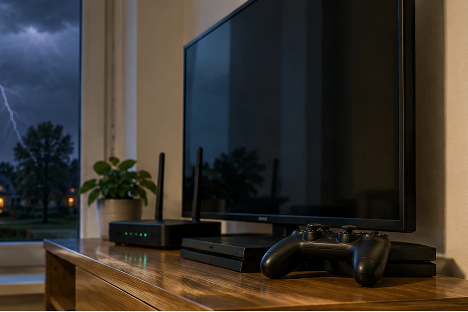 Telewizor i sprzęt elektroniczny przy oknie podczas burzy, z wtyczką odłączaną od gniazdka