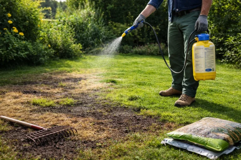 Mężczyzna wykonuje oprysk trawnika preparatem chwastobójczym na przesuszonej i przerzedzonej darni w ogrodzie