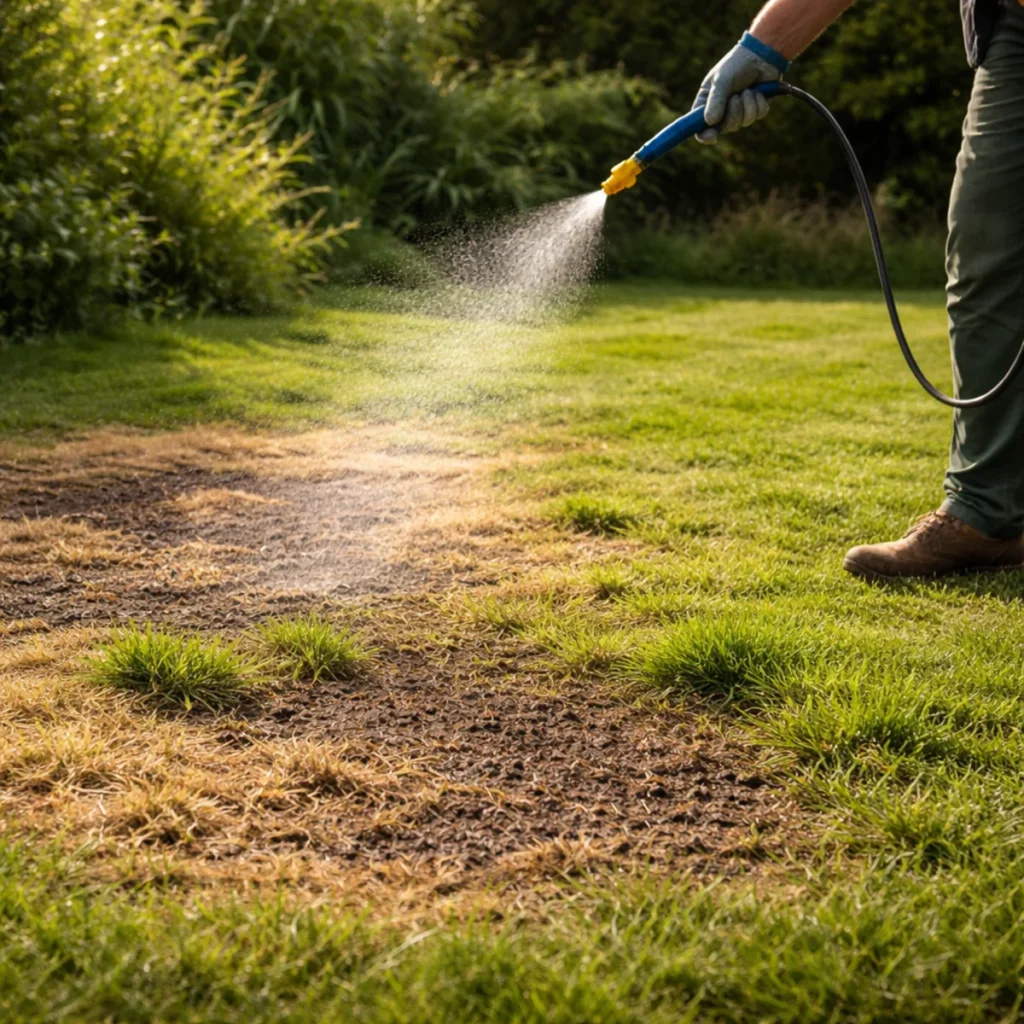 Zbliżenie na oprysk trawnika po Roundupie z widoczną suchą darnią, zielonymi kępami trawy i opryskiwaczem