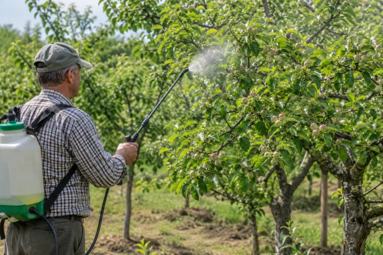 Opryskiwanie jabłoni za pomocą opryskiwacza ogrodowego w przydomowym sadzie.