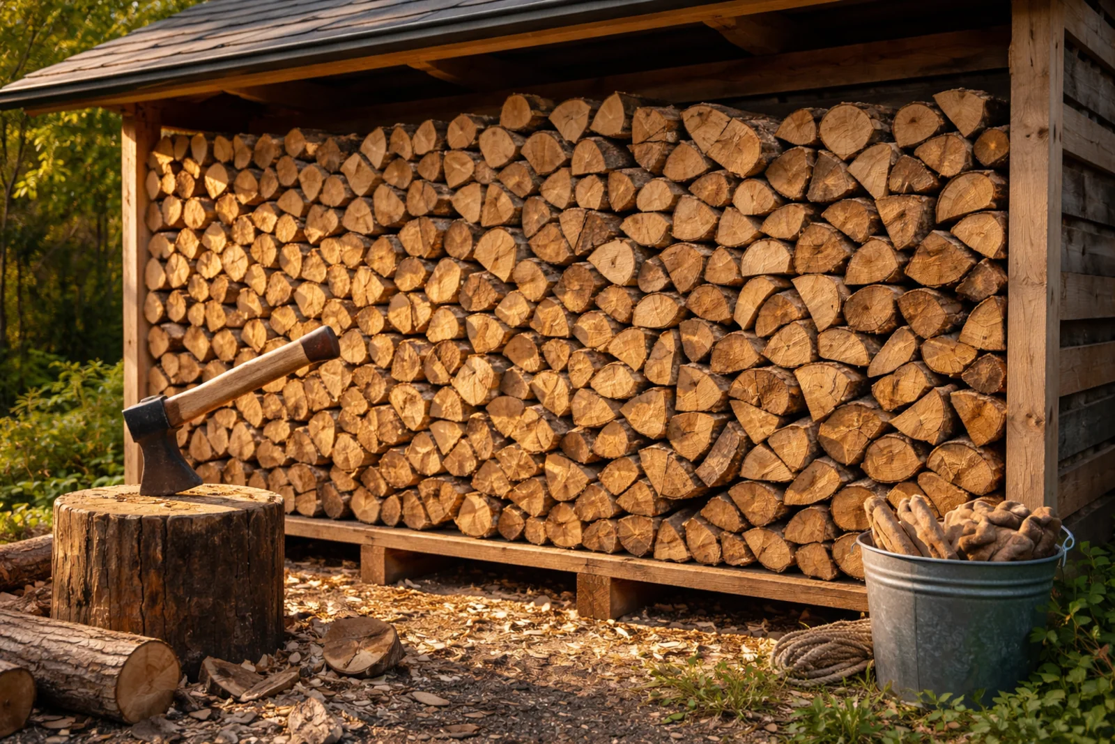 Ułożone drewno na opał w przewiewnej drewutni z zadaszeniem, przygotowane do sezonowania i przechowywania