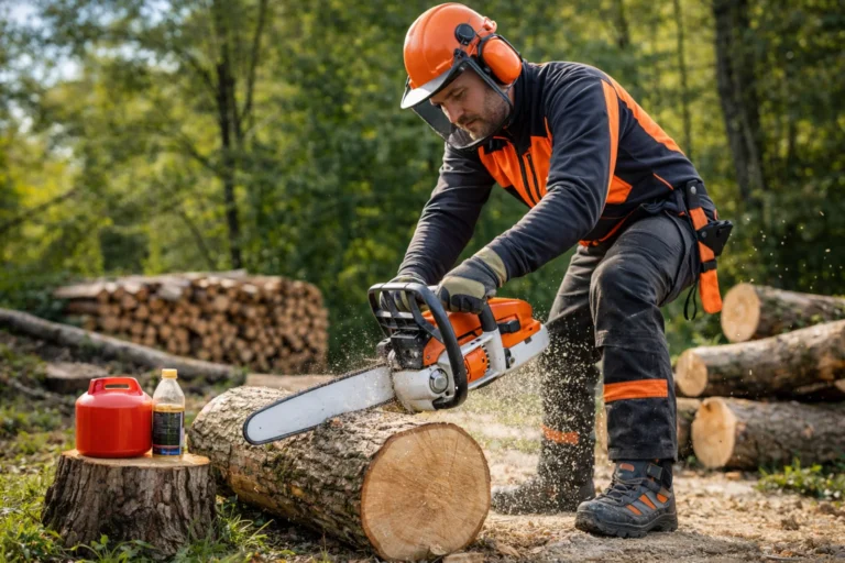 Mężczyzna w odzieży ochronnej używa piły spalinowej podczas cięcia grubego pnia drewna w lesie