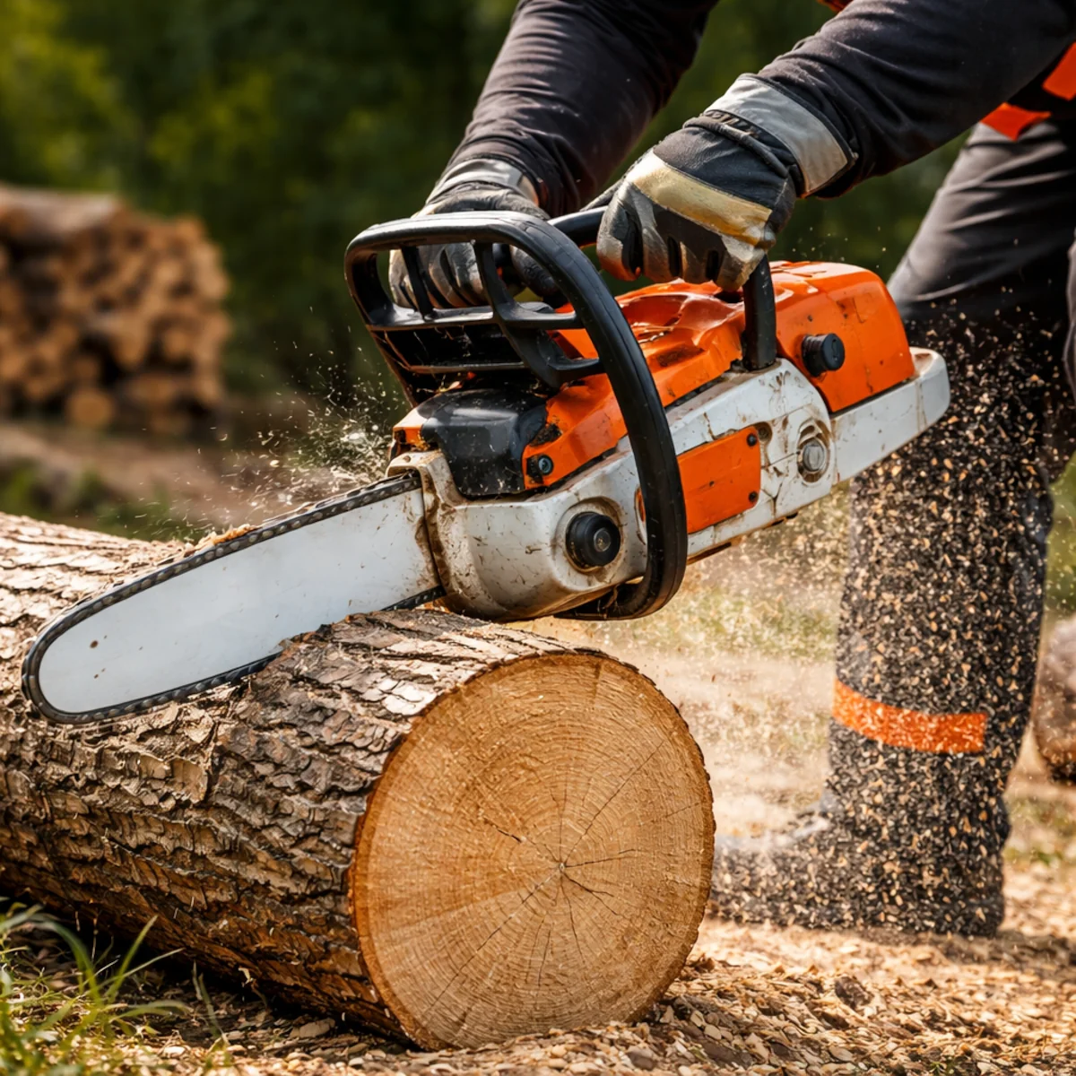 Zbliżenie na piłę spalinową podczas cięcia pnia drewna z widocznymi trocinami i rękami operatora