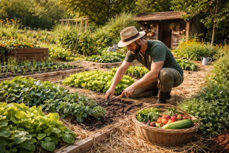 Mężczyzna pracuje przy warzywnych grządkach w ogrodzie ekologicznym na działce i spulchnia ziemię ręcznymi grabkami