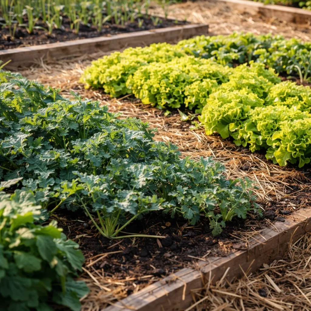 Zbliżenie na warzywne grządki w ogrodzie ekologicznym na działce ze ściółką, sałatą i zielonymi warzywami liściowymi