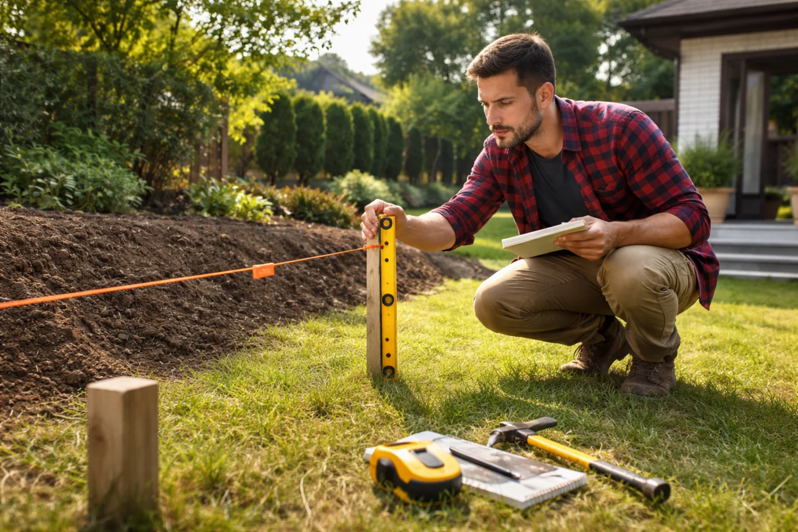 Mężczyzna mierzy nachylenie terenu za domem przy użyciu poziomicy, palika i sznurka na działce.