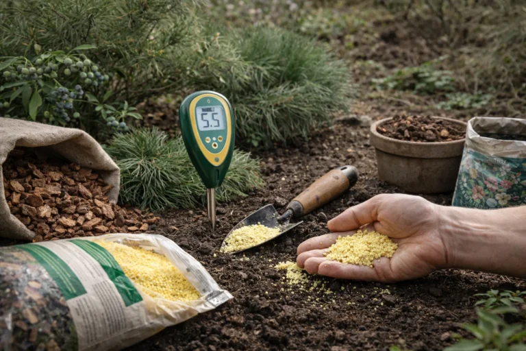 Zakwaszanie ziemi w ogrodzie siarką granulowaną przy użyciu miernika pH i ciemnej, spulchnionej gleby