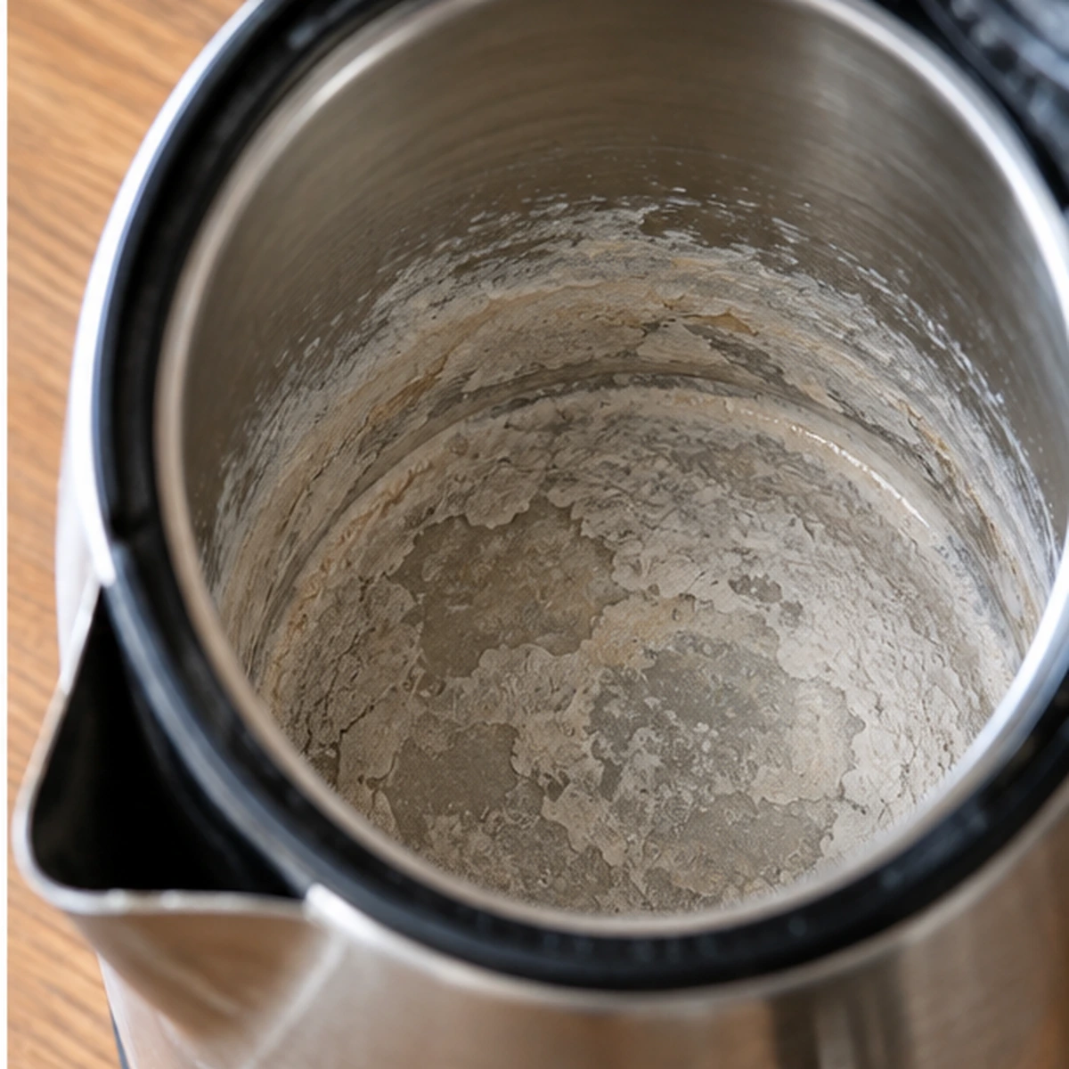Gruby osad mineralny z twardej wody wewnątrz czajnika