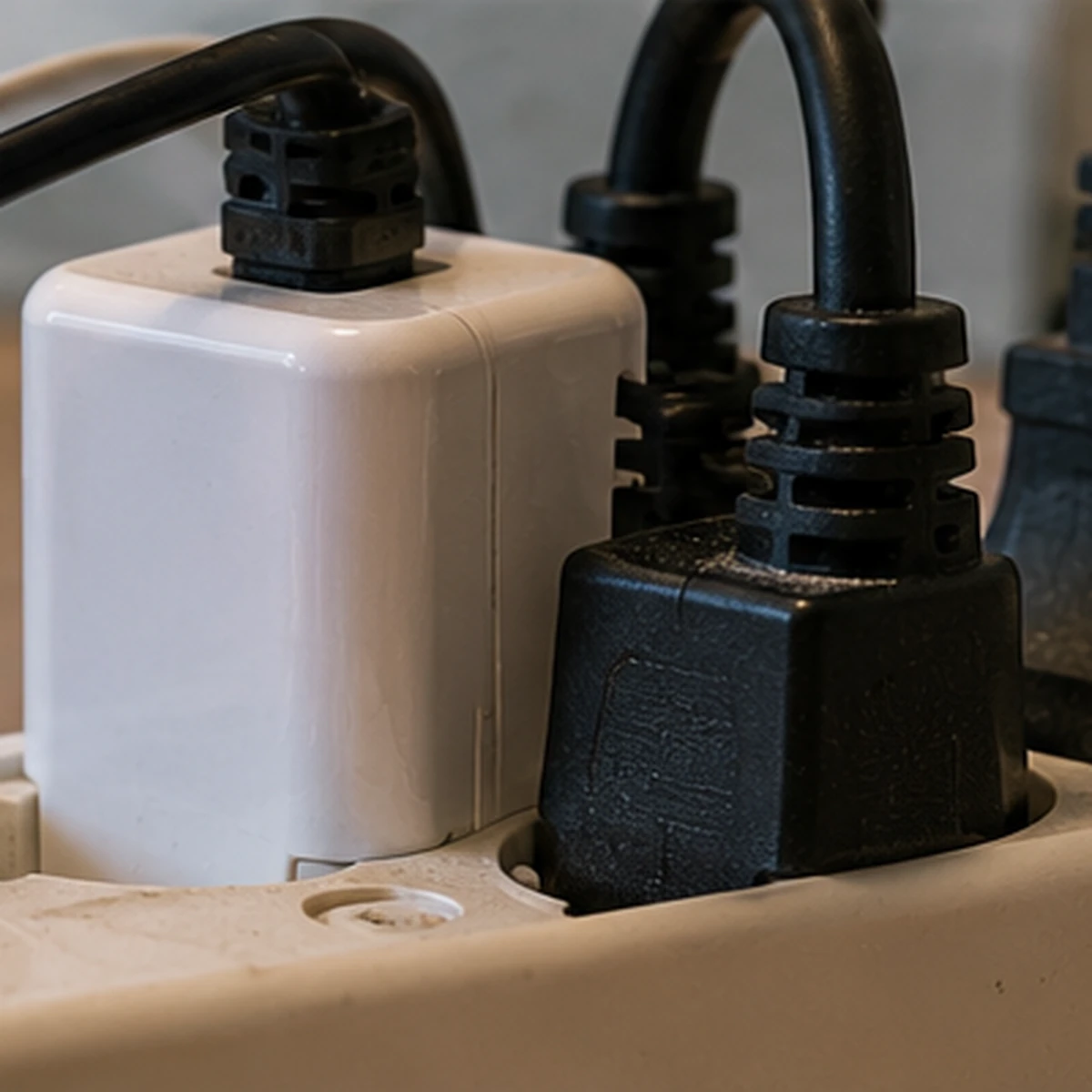 Listwa zasilająca z kilkoma podłączonymi przewodami elektrycznymi