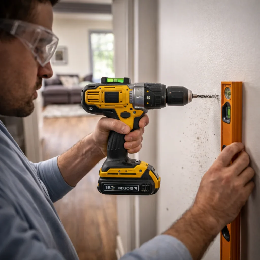 Używanie wiertarki akumulatorowej podczas montażu w domu, prawidłowe ustawienie i proste prowadzenie narzędzia