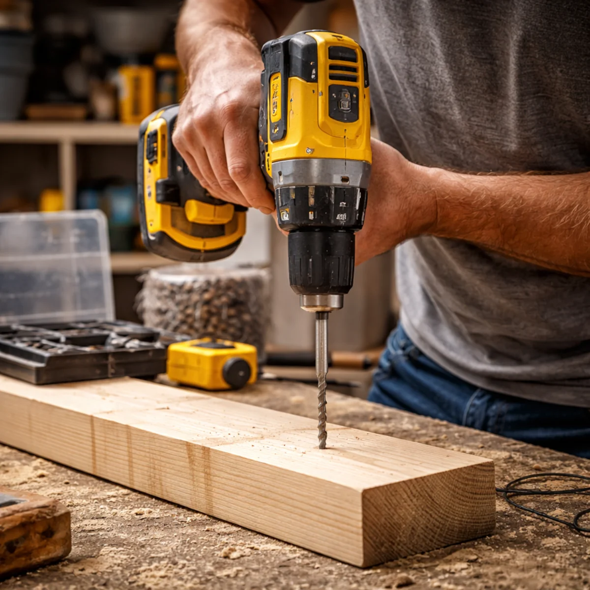 Wiercenie w drewnie wiertarką akumulatorową na stole warsztatowym, stabilny chwyt i proste prowadzenie wiertła