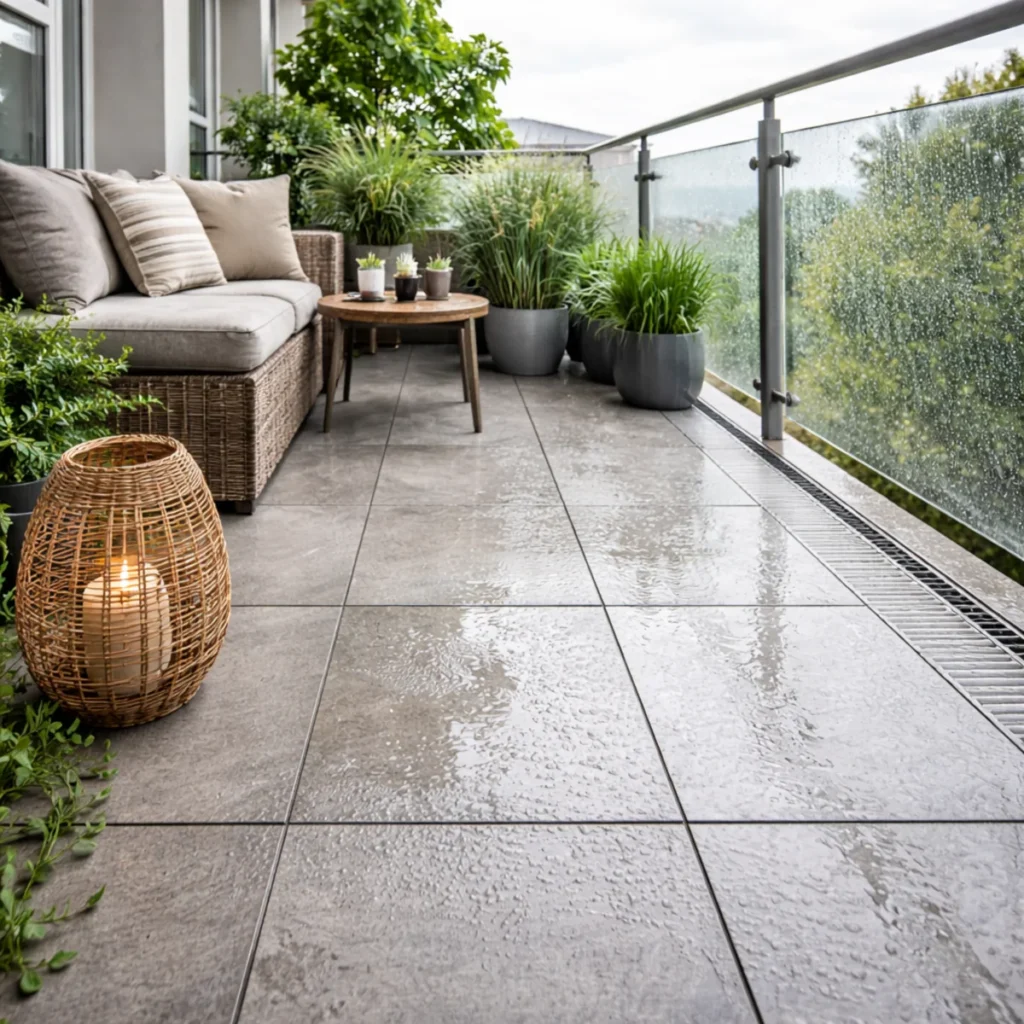 Mokry balkon po deszczu z szarym gresem mrozoodpornym i kroplami wody na posadzce