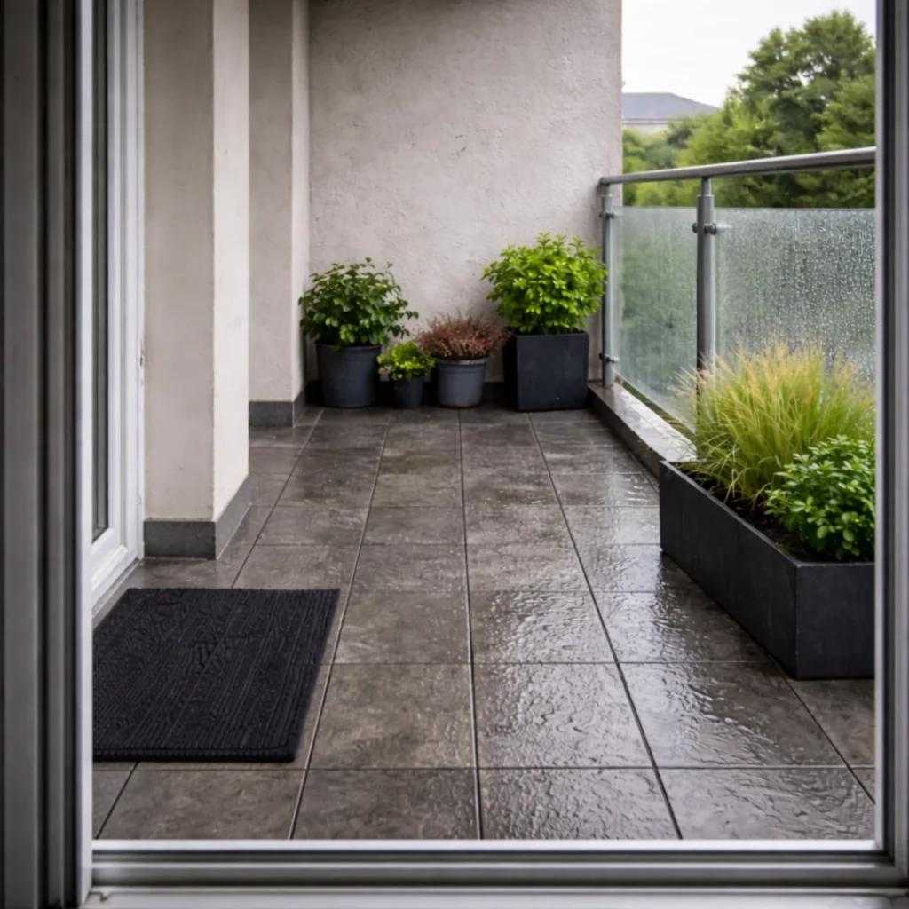 Widok z drzwi balkonowych na mokrą posadzkę na balkon w bloku, płytki odporne na deszcz i kilka donic z roślinami