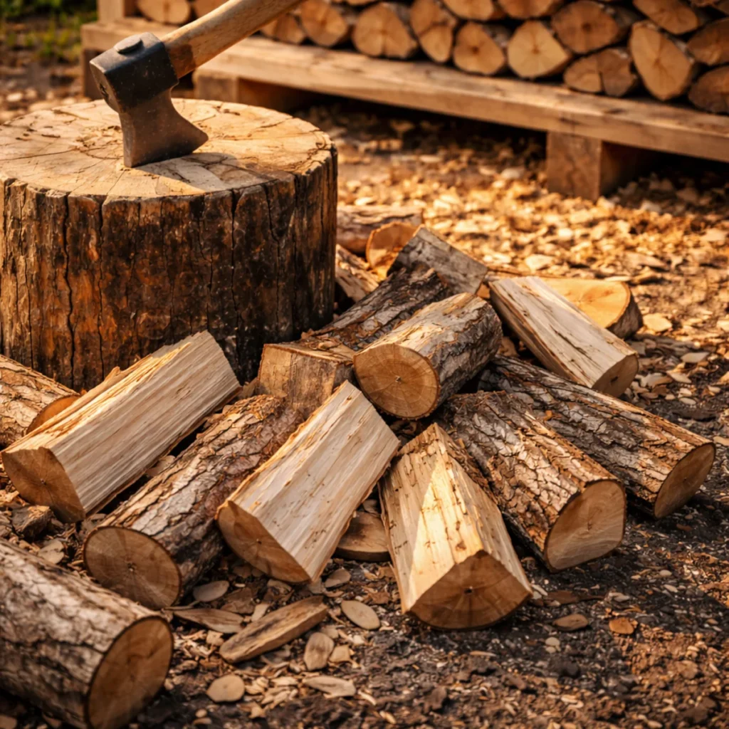 Porąbane kawałki drewna na opał leżące na ziemi obok pnia i siekiery, przygotowane do suszenia i składowania