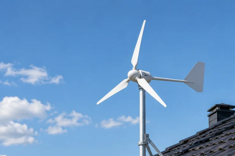 Mała trójłopatowa turbina wiatrowa zamontowana na maszcie nad dachem domu