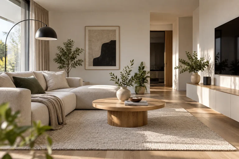Minimalistyczny salon z beżową sofą, drewnianym stolikiem, jasnymi ścianami i roślinami.