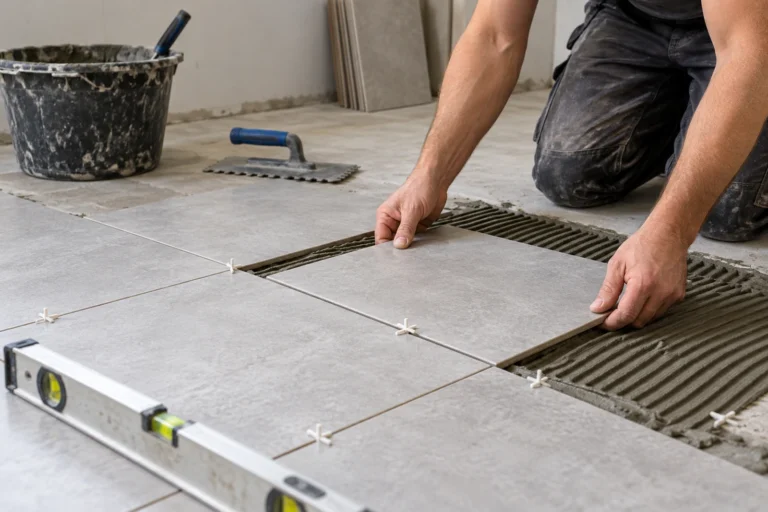 Szare płytki ceramiczne na kleju z klipsami poziomującymi, pacą zębatą i narzędziami do prac glazurniczych.