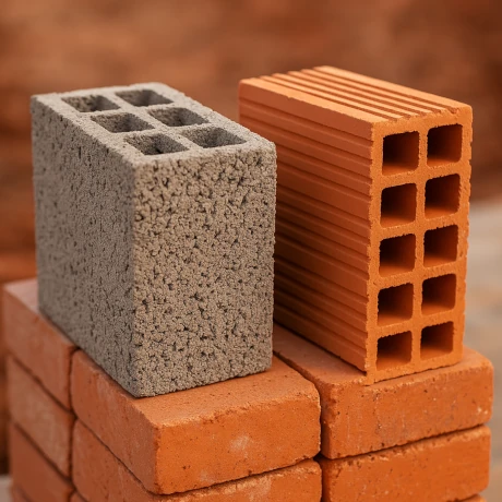 Pustak keramzytowy i pustak ceramiczny obok siebie na tle budowy