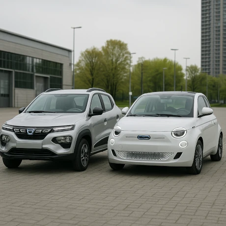 Tanie samochody elektryczne w Polsce – Dacia Spring i Fiat 500e na parkingu