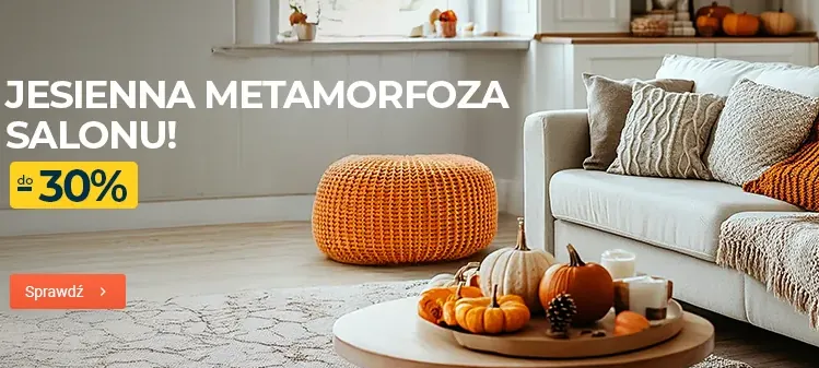 Jesienna metamorfoza salonu – przytulny salon z jasną sofą, pomarańczowym pufem i dyniami; promocje do 30