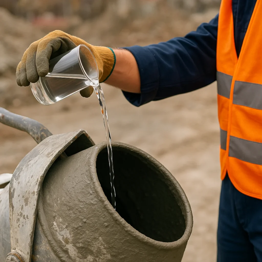 Domieszki do betonu – wlewanie płynnej domieszki do mieszalnika betonu.