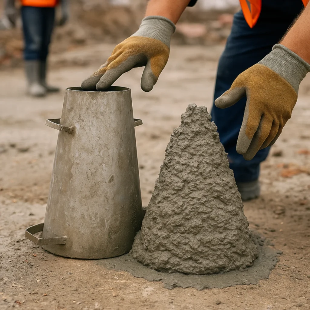 Domieszki do betonu – stożek Abramsa i świeży beton bez miarki, test urabialności.