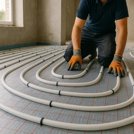 Instalator układa białe rury podłogówki na macie izolacyjnej w surowym wnętrzu.
